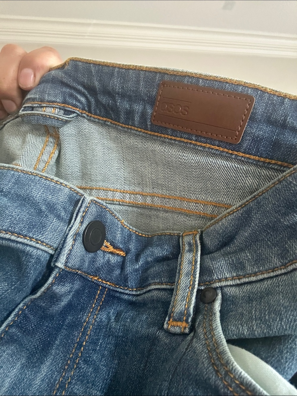 ASOS Men's Light Blue Slim Denim Jeans with Brown Leather Patch